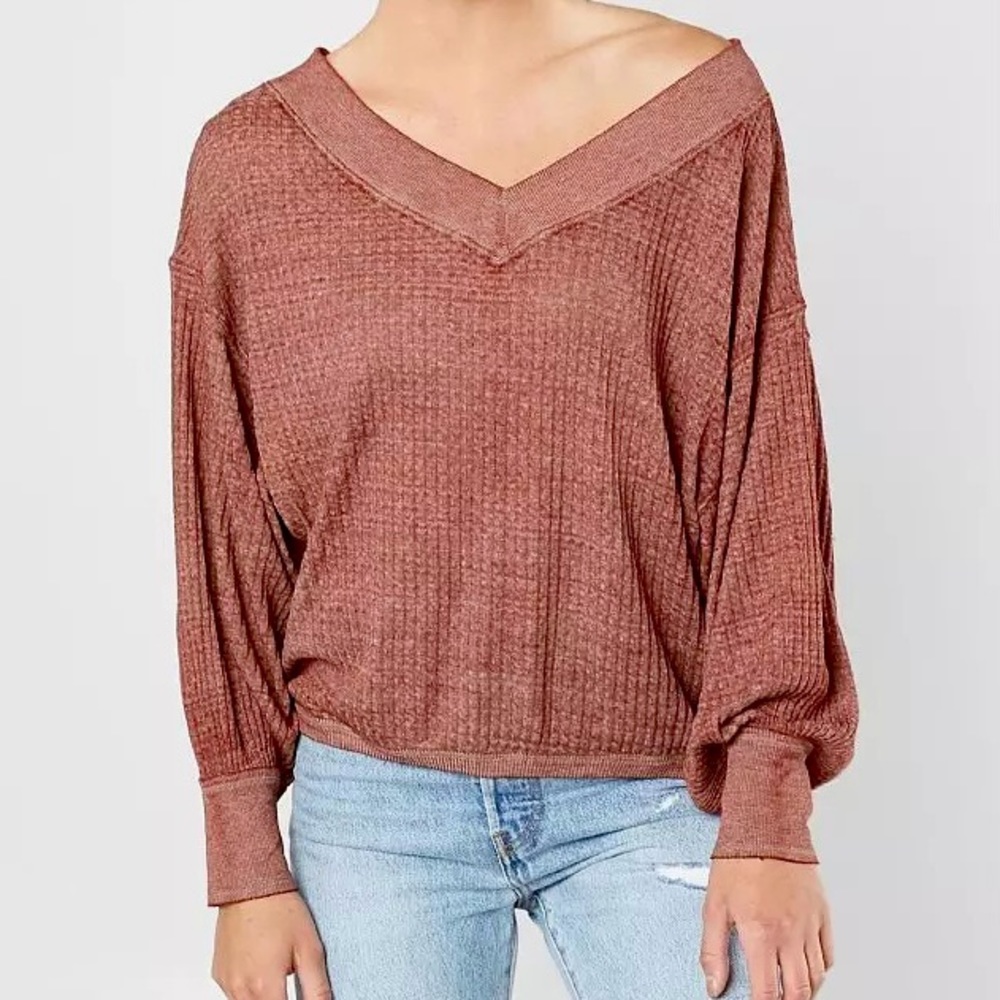 Free People South Side Thermal Top Women’s Sz S Slouchy Balloon Sleeves V-Neck